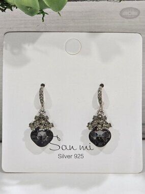 San Mi ✦ Black Heart Drop Earrings ✦ Sterling Silver Austrian Crystal Accent NWT